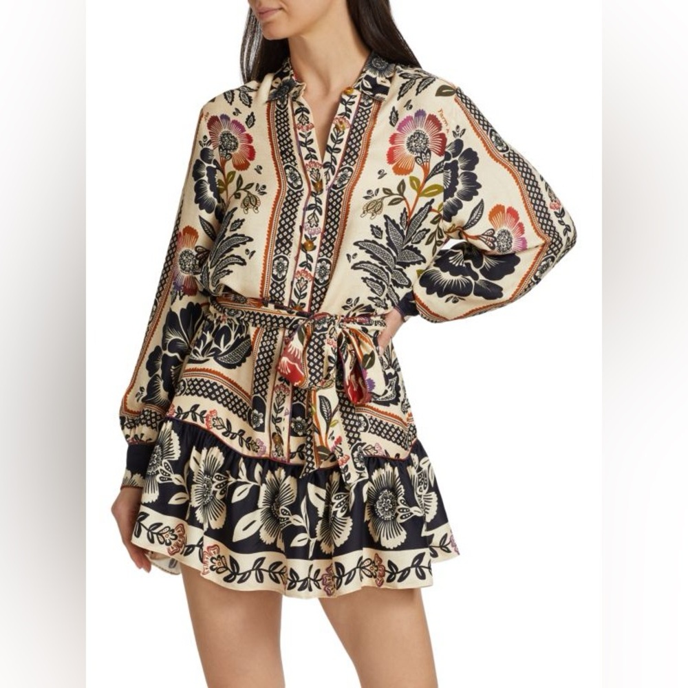 Joie Cream and Blue Long Sleeve Dress with Notched Collar